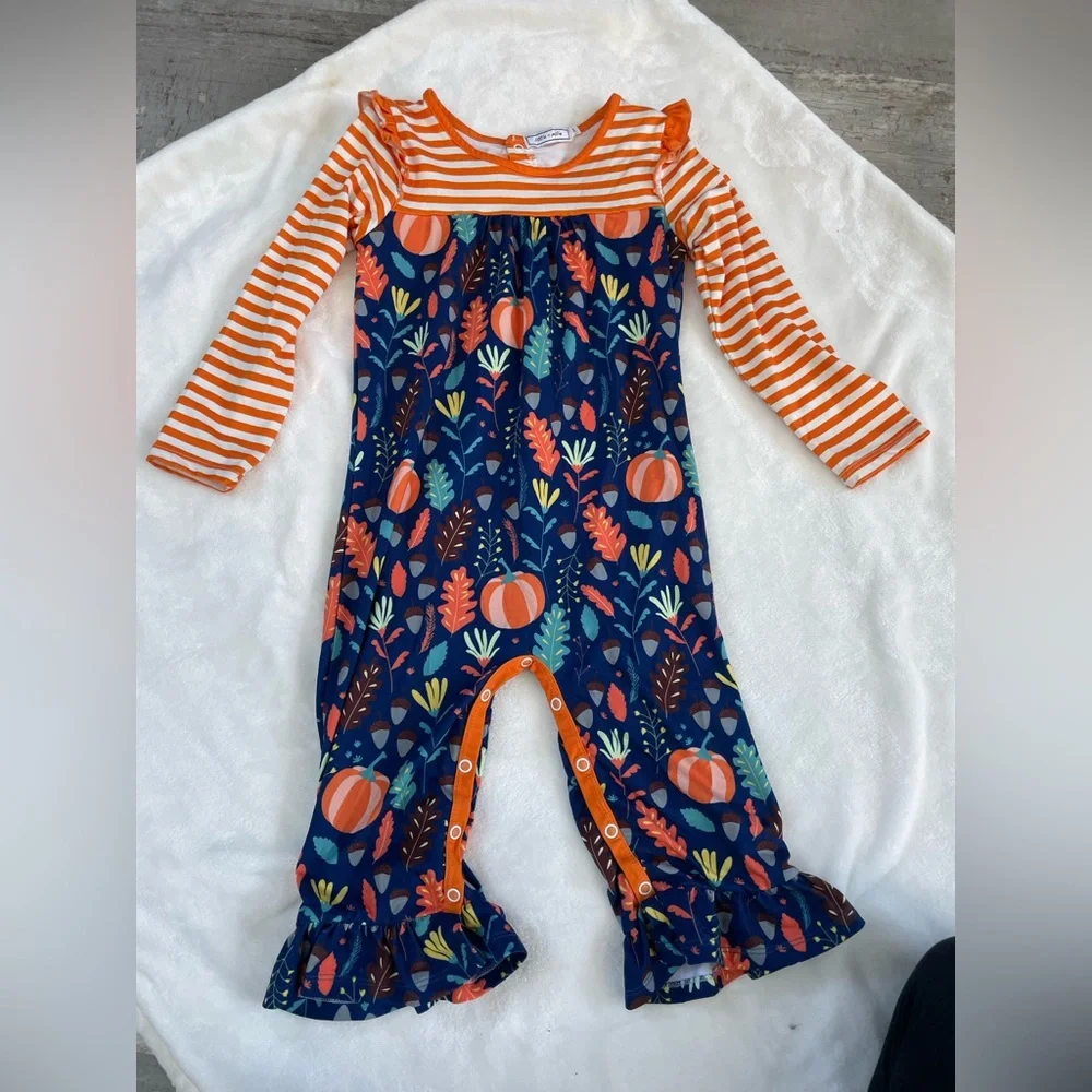 EUC Little Millie Fall Themed Girl’s Ruffled Jumpsuit